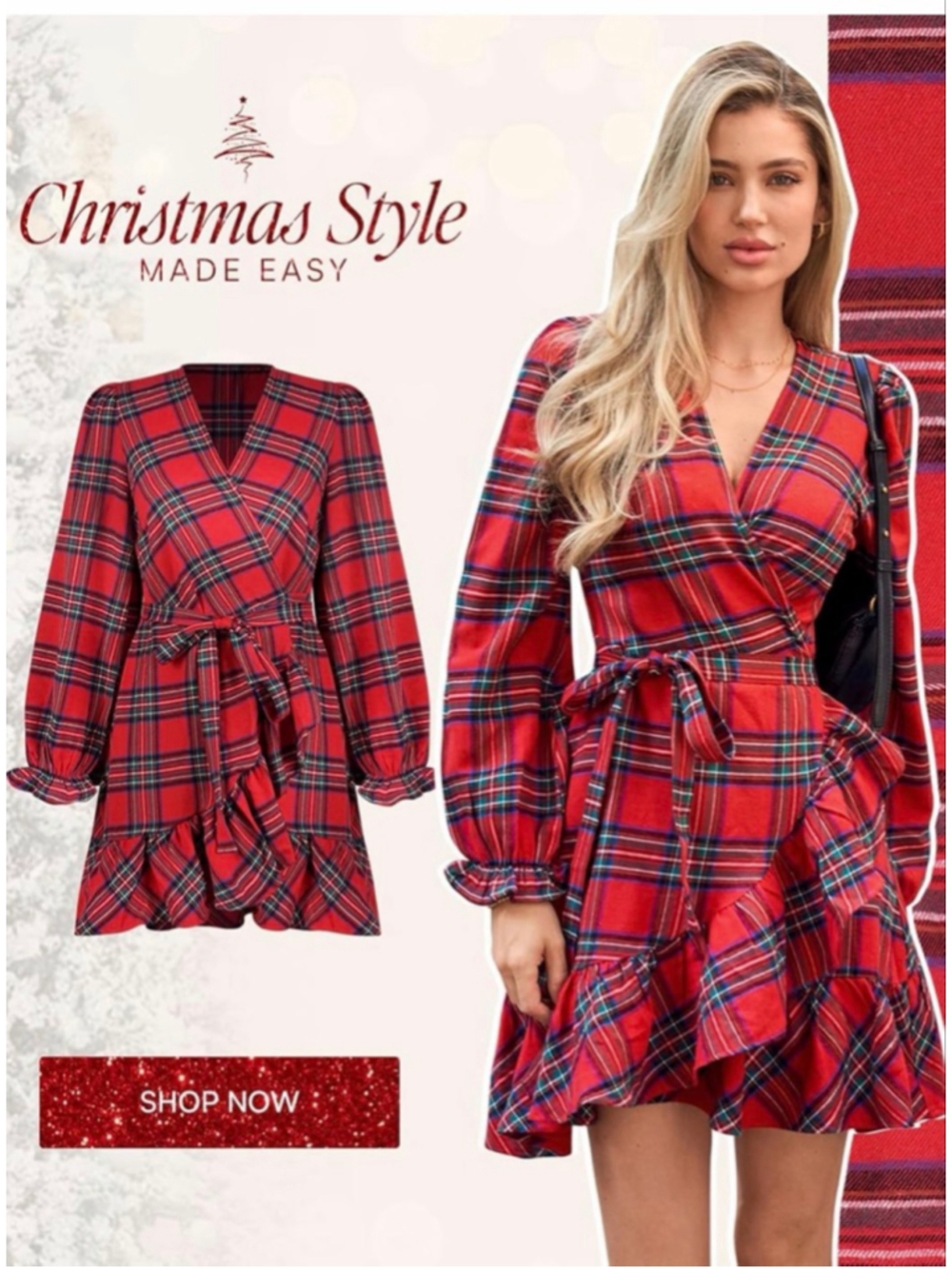 NEW CUPSHE Red Plaid Wrap Long Sleeve Ruffle Dress L - Picture 4 of 6
